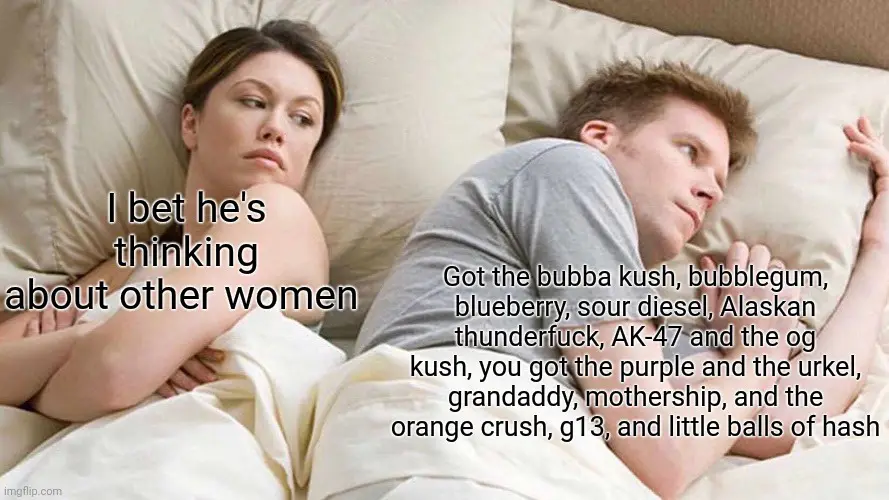 A man and woman lie in bed, turned away from each other. The woman, looking skeptical, has text overlaid saying 'I bet he's…