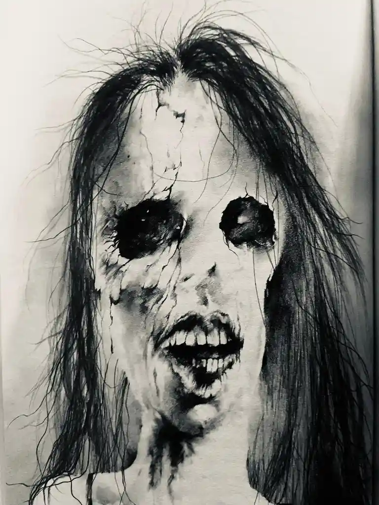 A black-and-white charcoal drawing depicts a horrifying, decaying humanoid face with cracked skin, hollow eye sockets, and a…