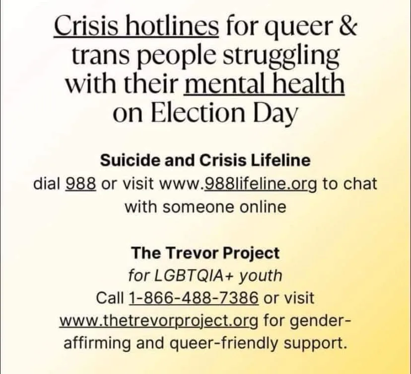 The image displays a public service announcement poster with a yellow gradient background and black text. It lists crisis…