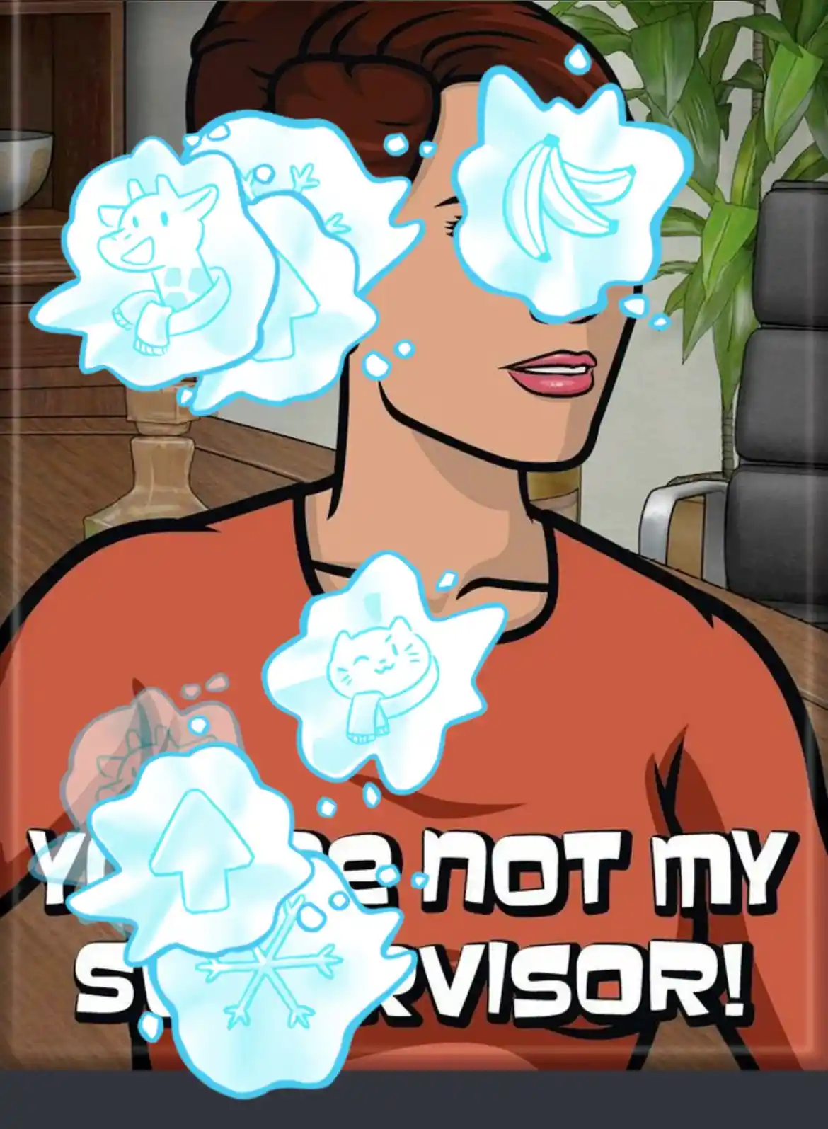 A cartoon woman in an orange shirt has multiple ice cubes floating around her, each containing a different image: a giraffe…