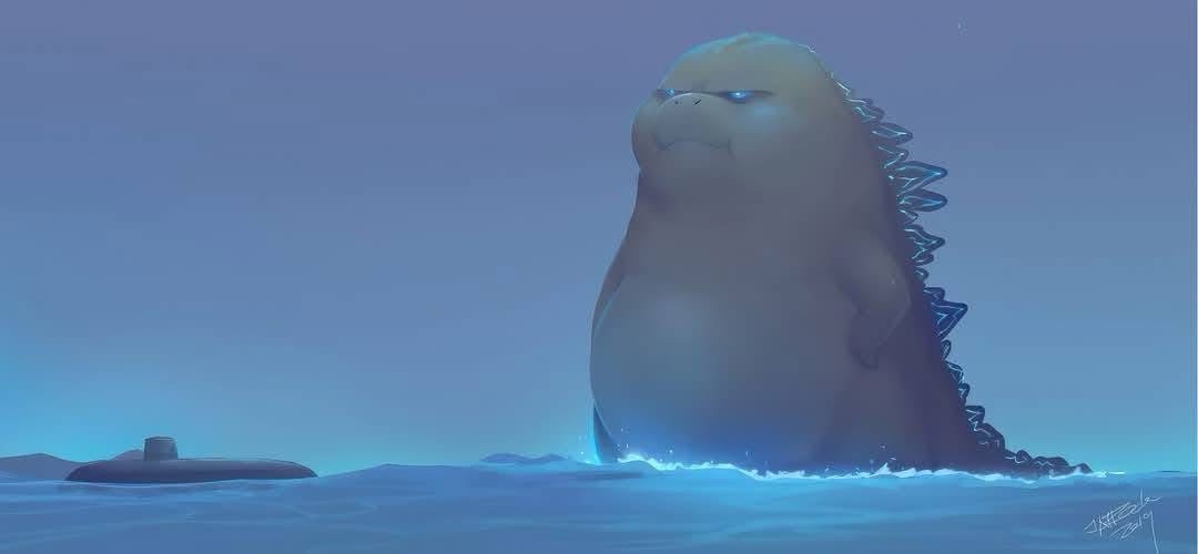 A cartoonish, extremely overweight Godzilla emerges from the ocean, his bulky form barely fitting in the water, with a…
