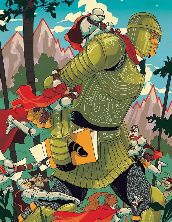 A large armored knight in green armor stands amidst a chaotic scene with multiple smaller armored figures clinging to him…