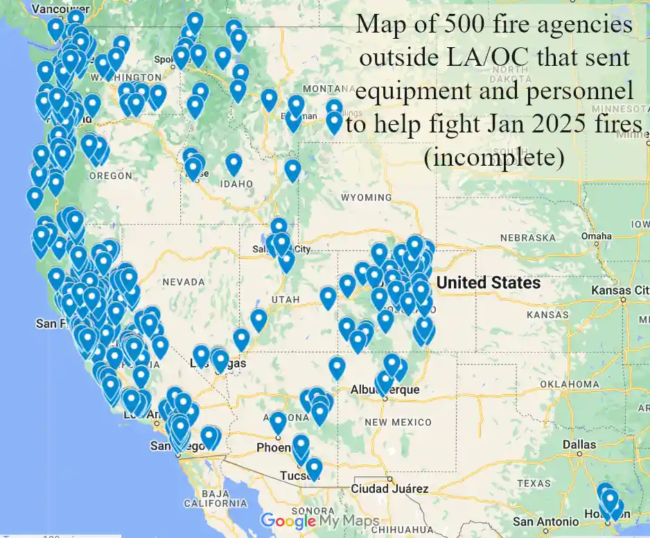 A Google My Maps image of the United States with hundreds of blue location pins clustered across the country, especially in…