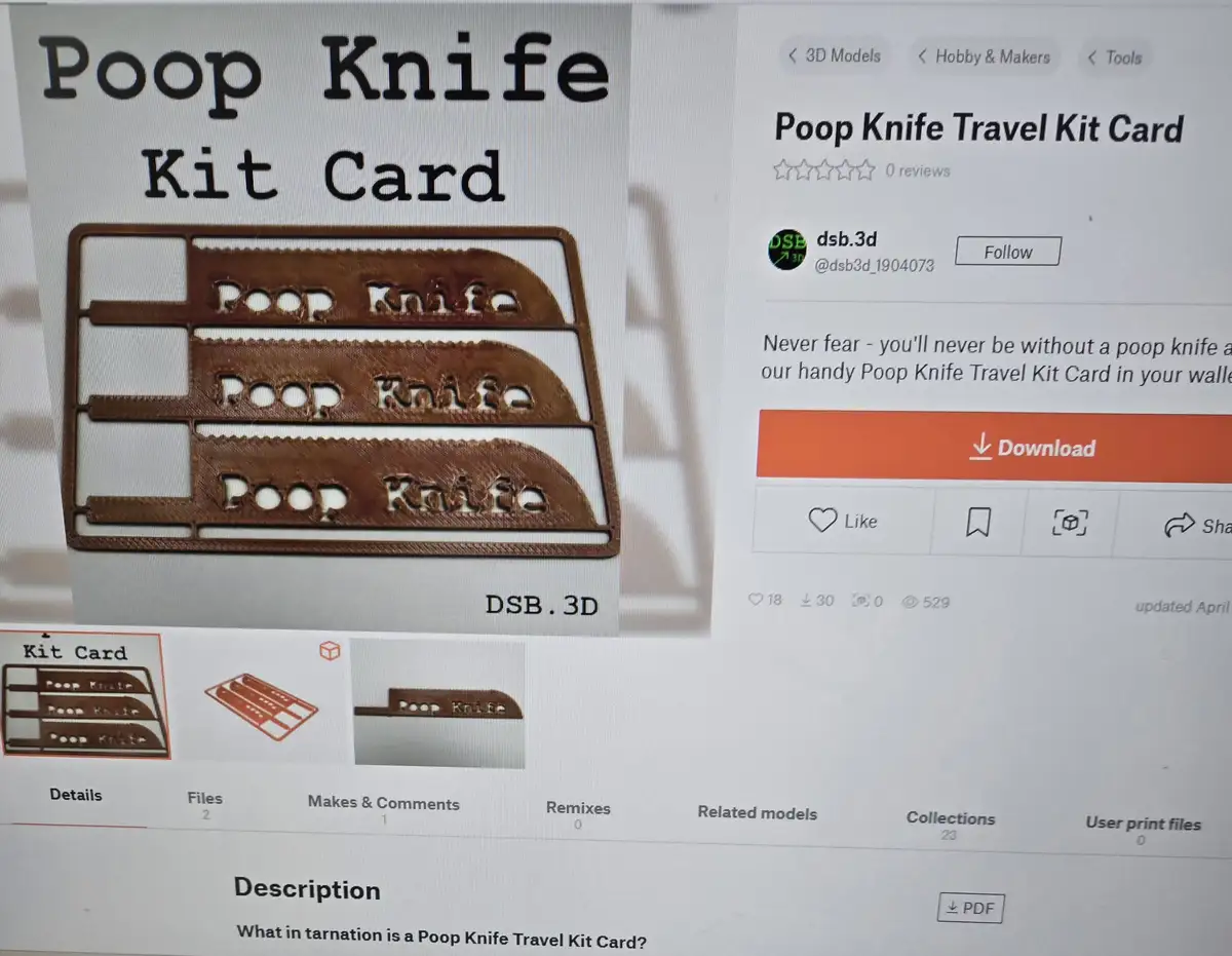 A screenshot of a 3D printing model listing for a 'Poop Knife Travel Kit Card' shows a brown, card-sized object with three…