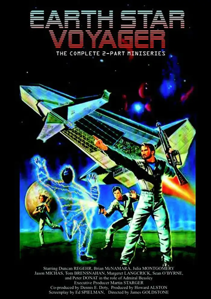 A vintage sci-fi movie poster for 'Earth Star Voyager: The Complete 2-Part Miniseries' shows a man in a space suit pointing…