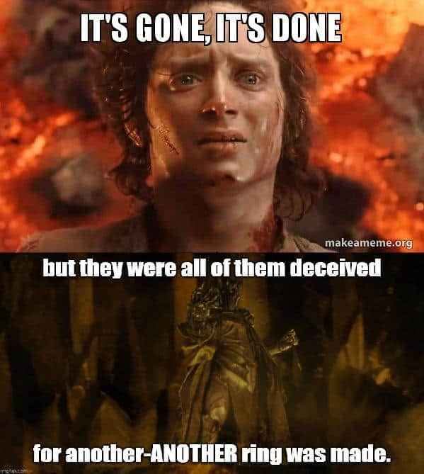 The image is a two-panel meme featuring Frodo Baggins from 'The Lord of the Rings' looking distressed in the first panel…