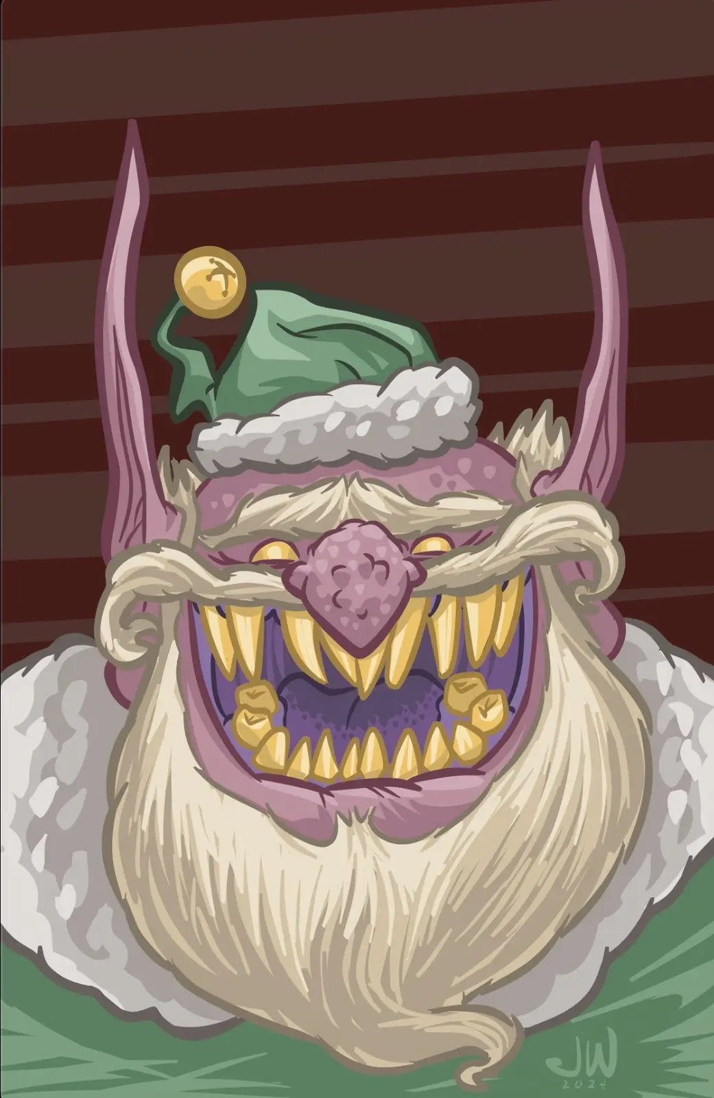 A cartoonish, monstrous figure resembling Santa Claus with a wide, toothy grin, sharp fangs, and a purple, demonic face. He…