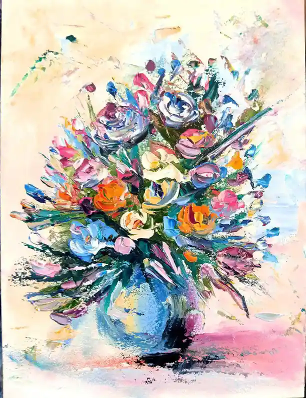 A vibrant, thickly painted still life depicts a colorful bouquet of flowers in a blue vase, rendered in an expressive…