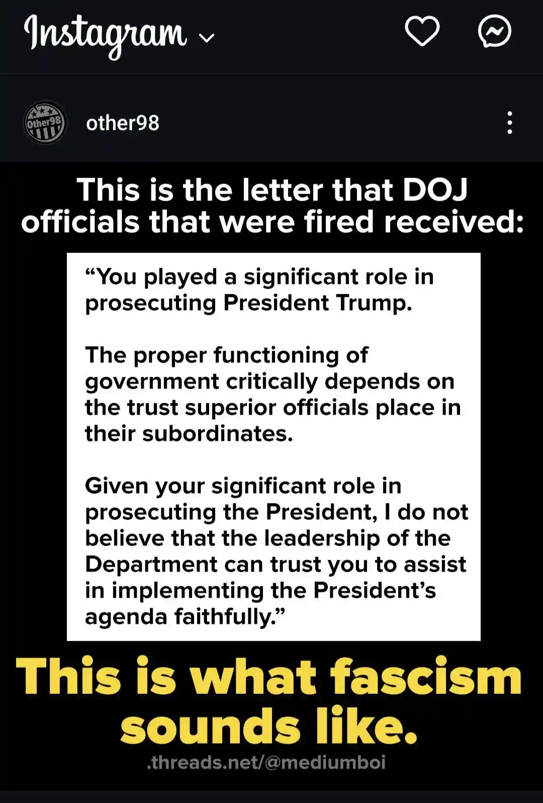 An Instagram post screenshot displays a letter purportedly received by fired DOJ officials, stating they played a…