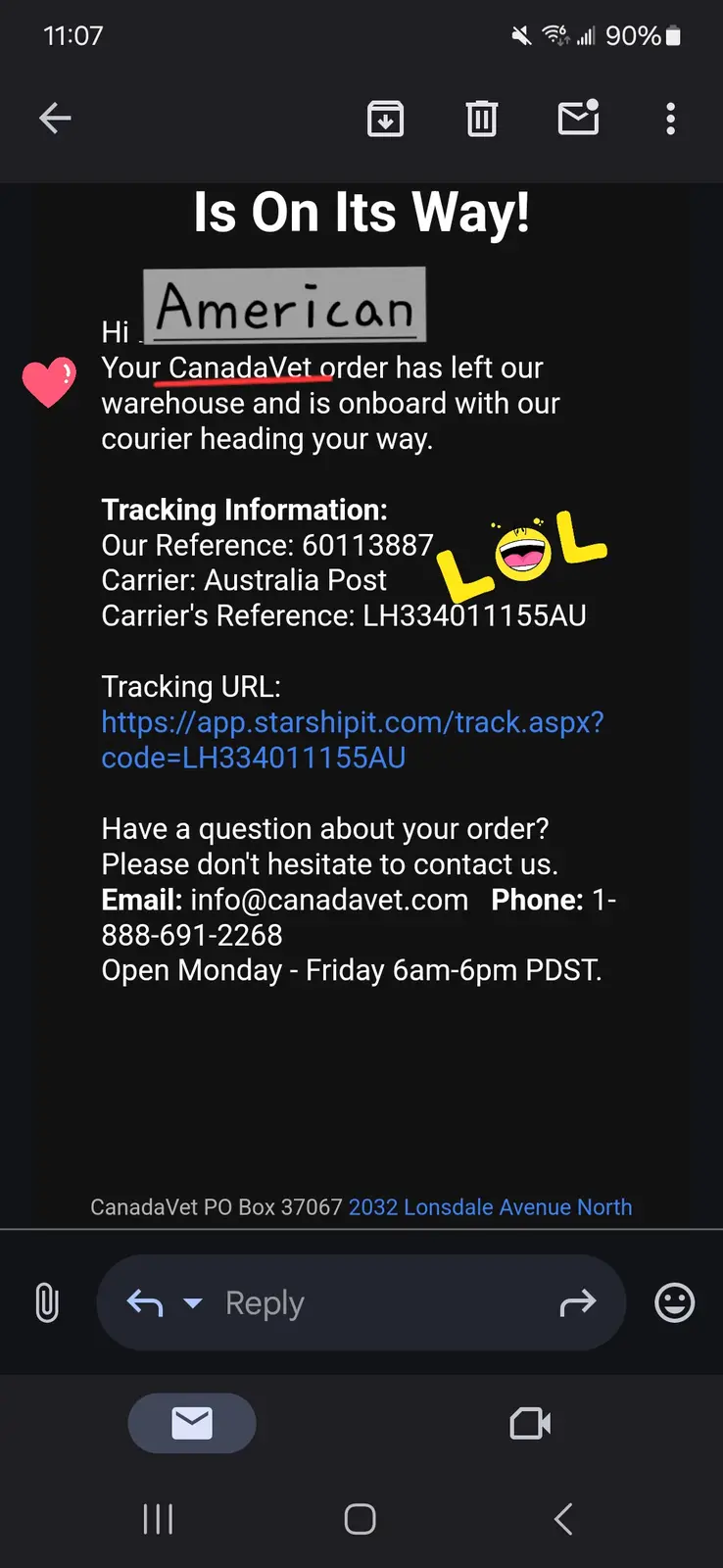 A screenshot of a text message from CanadaVet, which has the word 'American' crossed out and replaced with a red line, while…