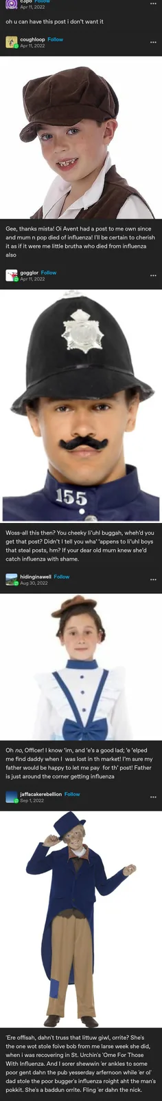 A meme collage of four children in historical costumes: a boy in a brown cap and vest, a boy in a police helmet with a…