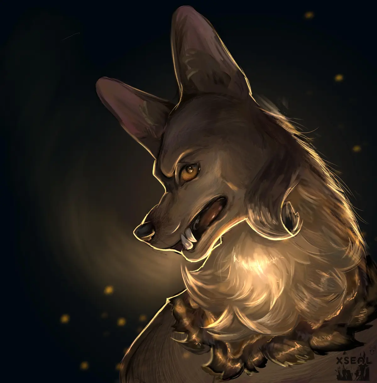 A digitally painted, stylized canine creature with pointed ears, glowing amber eyes, and a snarling expression, outlined in…