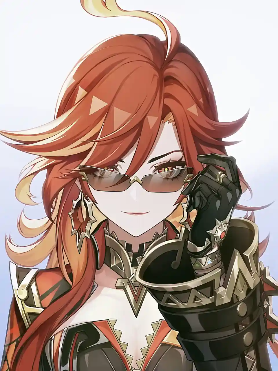 An anime-style illustration of a character with long red hair and sunglasses, wearing ornate armor and a black glove…