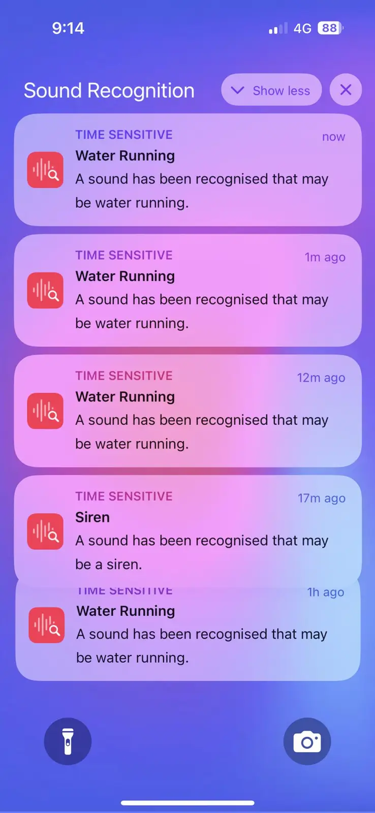 A smartphone screen shows the 'Sound Recognition' feature with multiple notifications. Most entries are 'Water Running' with…