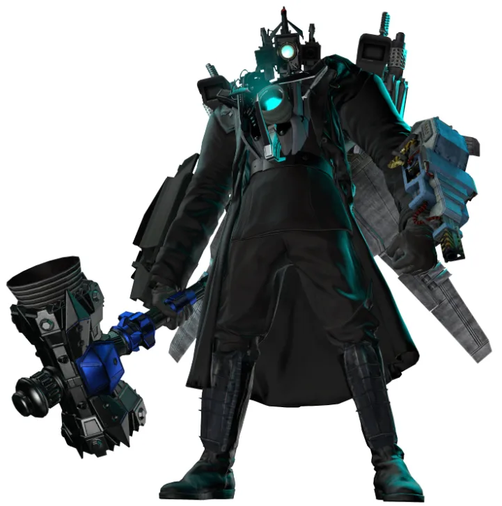 A heavily armored, cybernetic humanoid figure in a long black coat, equipped with glowing blue mechanical eyes, multiple…