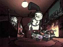 A snowman character in a dimly lit, fiery room gestures emphatically while seated, with the text 'AS I WAS SAYING...'…