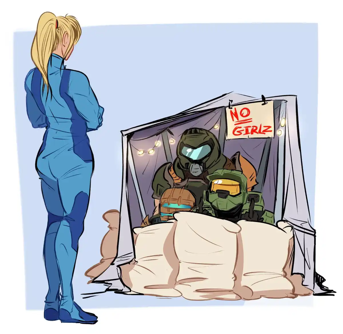A blonde woman in a blue jumpsuit stands outside a tent where two armored soldiers are resting. A sign above the tent reads…