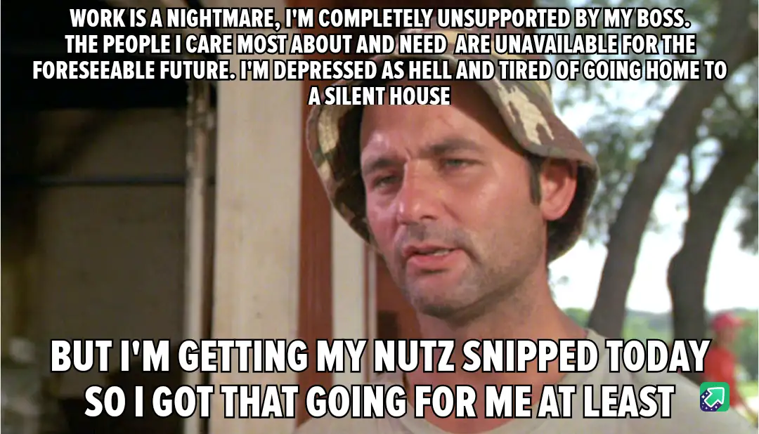 A man wearing a camouflage bucket hat looks weary and sad, with white text overlaid in two blocks. The top text reads: 'WORK…
