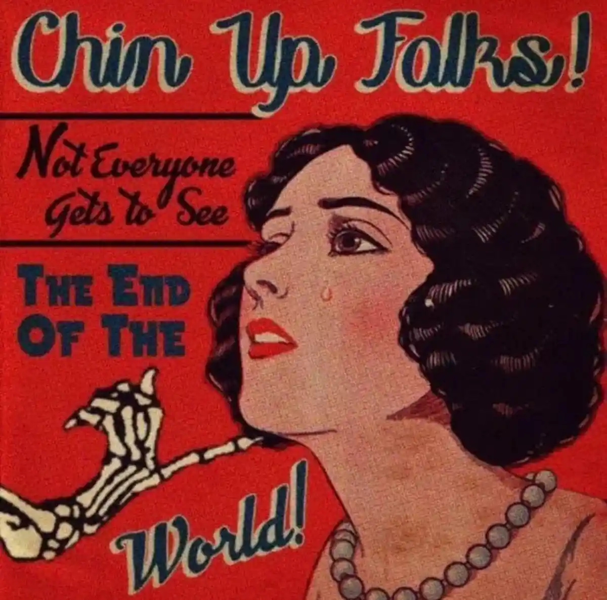 A vintage-style red poster features a woman with dark curly hair and a pearl necklace, looking upward with a single tear on…