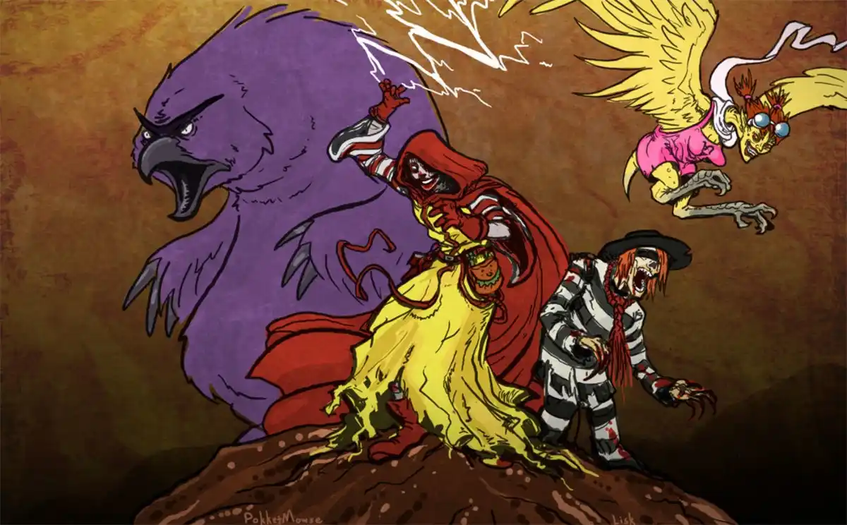 A cartoonish, stylized illustration depicts a large purple bird-like creature roaring in the background, while a skeletal…