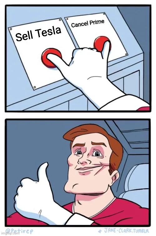 A two-panel comic shows a hand pressing a red button labeled 'Sell Tesla' while another button labeled 'Cancel Prime' is…