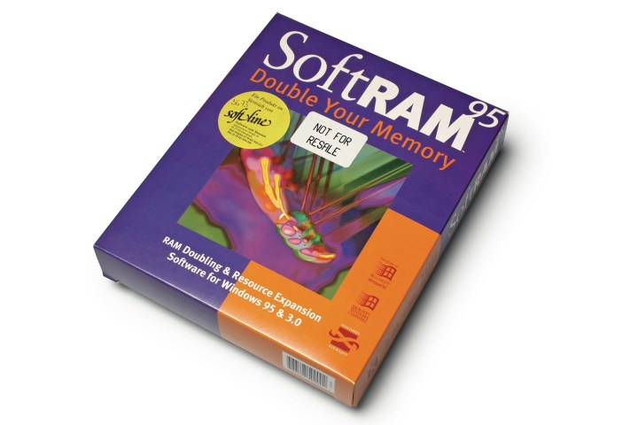 A product box for 'SoftRAM 95' software, designed to double computer memory for Windows 95 & 3.0, features a white sticker…