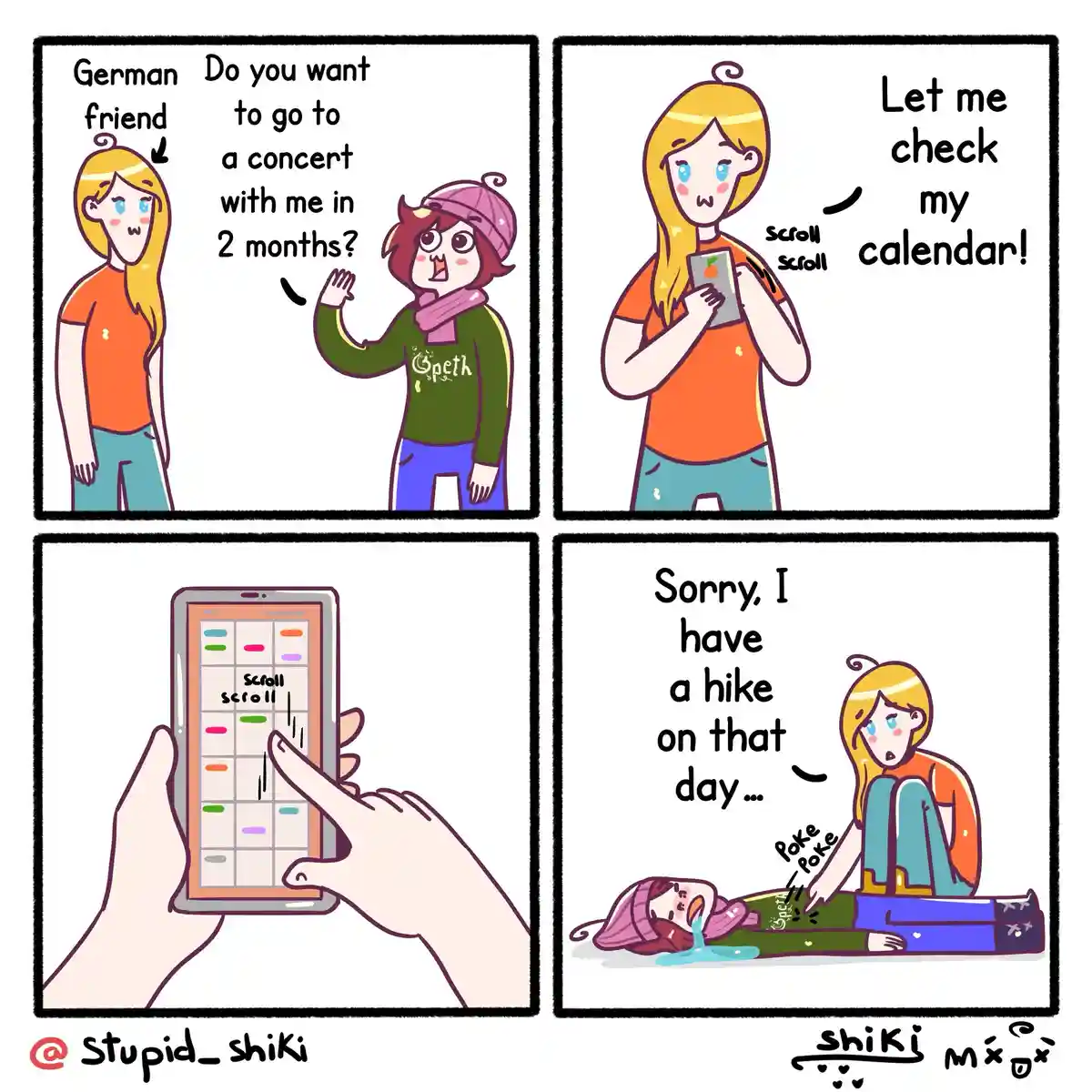 A four-panel comic shows a German friend inviting a friend to a concert in two months. The invited friend checks her…