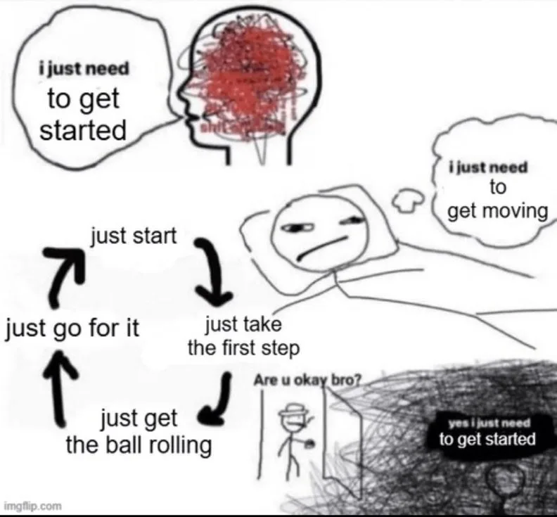 A stick figure lies in bed, surrounded by motivational phrases like 'just start' and 'just take the first step', while a…