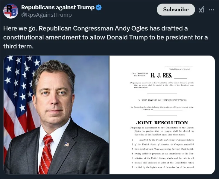 The image shows a split-screen: on the left, a formal portrait of Republican Congressman Andy Ogles in a suit and tie…