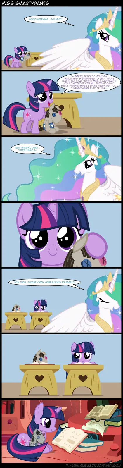 A six-panel comic strip from 'My Little Pony' shows Twilight Sparkle asking Princess Celestia to let her stuffed pony, Miss…