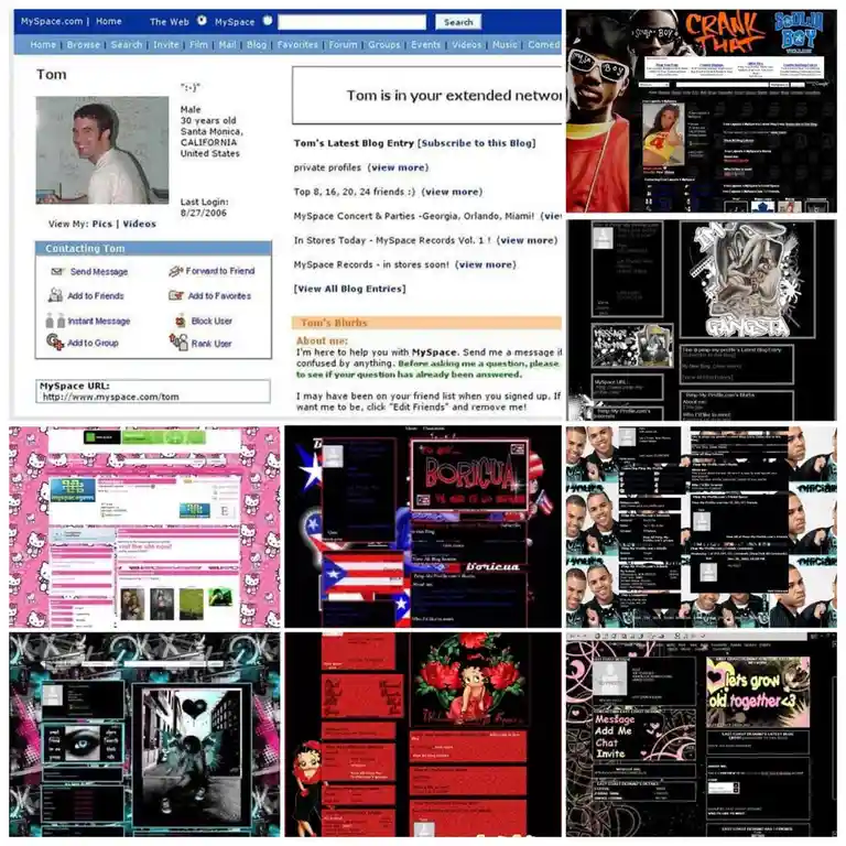 A collage of nine different MySpace profile pages from the early 2000s, showcasing varied layouts, themes, and user content…