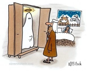 A cartoon depicts a person in a brown robe standing before an open wardrobe, looking at a ghostly figure inside. The ghost…