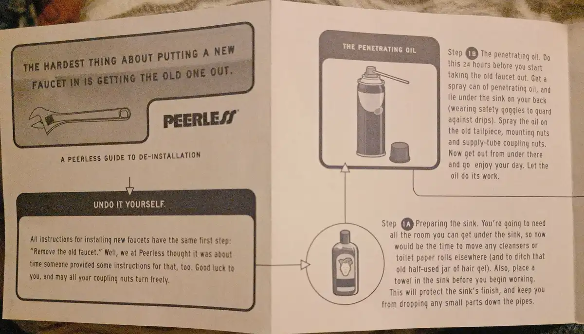 A printed 'Peerless Guide to De-Installation' for removing a faucet, featuring absurd instructions like lying under the sink…