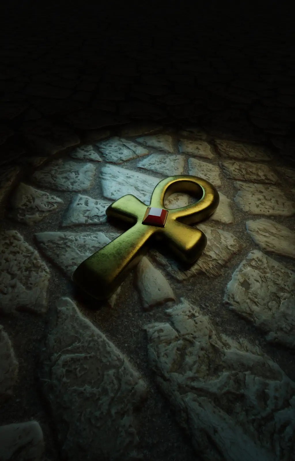 A golden ankh symbol with a red gemstone at its center rests on a cobblestone surface under dramatic lighting. The overlaid…