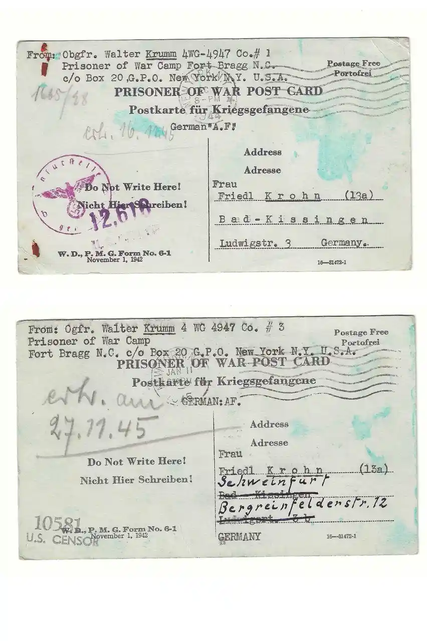 Two vintage prisoner-of-war postcards from November 1942 show the same sender, Walter Krumm, sending letters to the same…