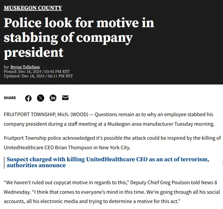 A screenshot of a news article from Muskegon County about an employee stabbing his company president, with a headline and…