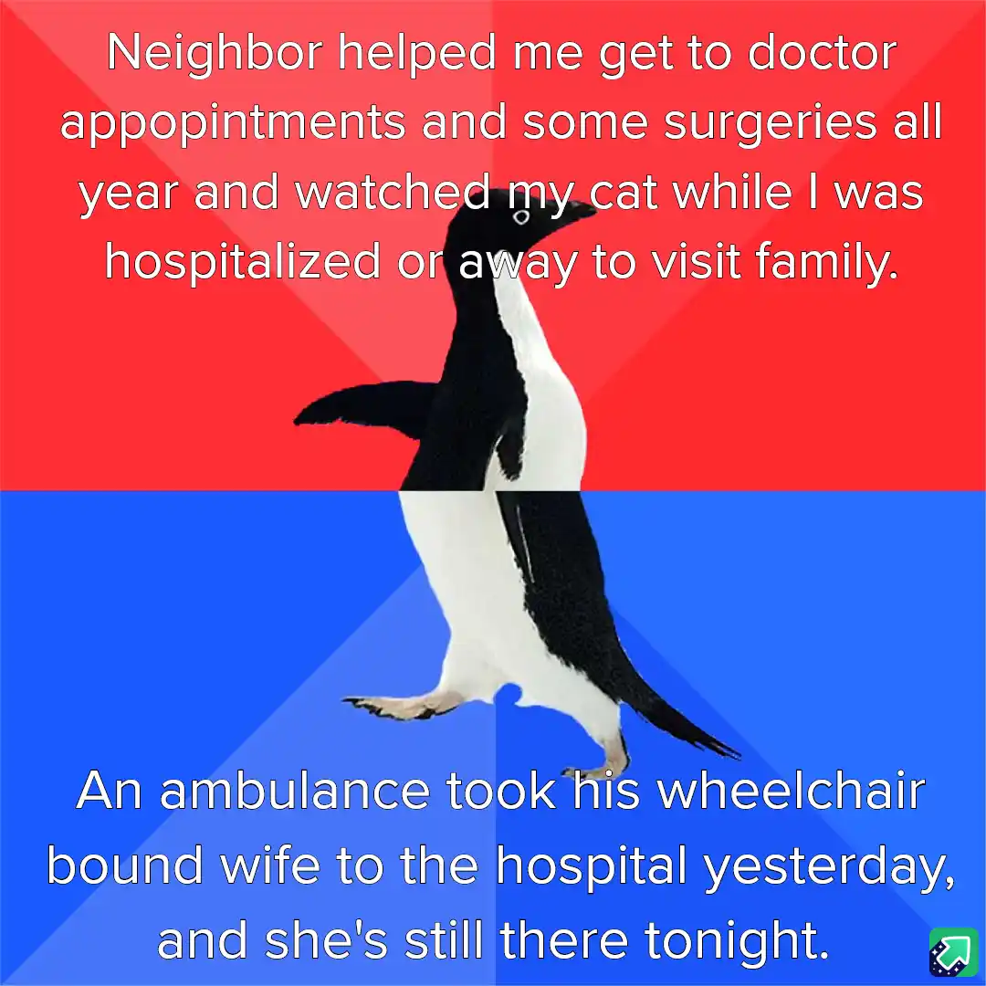 A penguin stands against a red and blue background, with white text overlaid in two sections. The top text reads 'Neighbor…