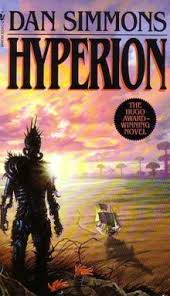 The cover of Dan Simmons' novel 'Hyperion' shows a dark, armored figure standing in a desolate, alien landscape under a…