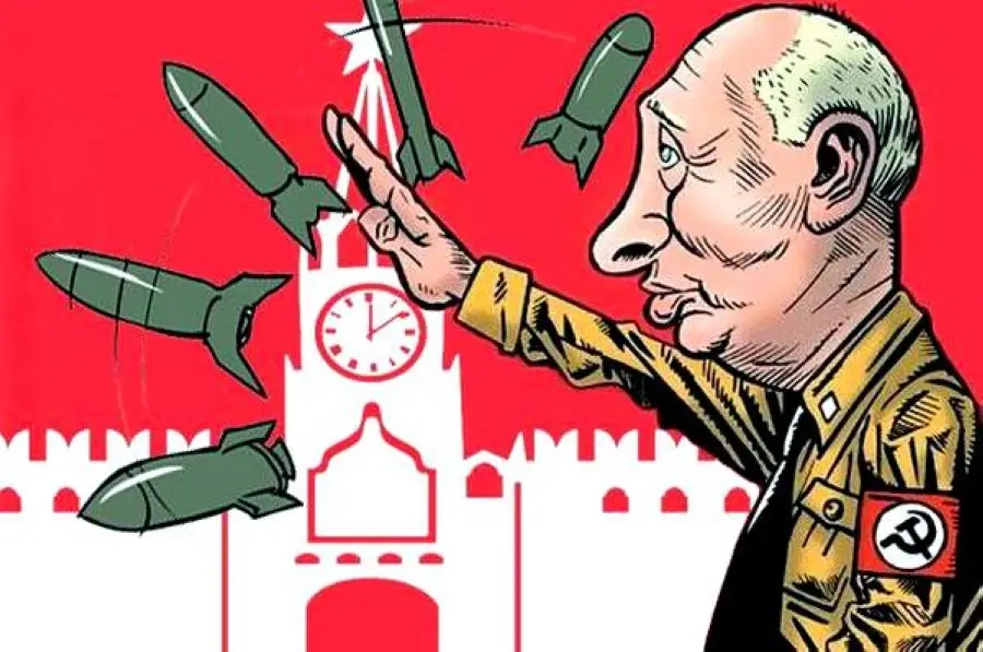 This cartoon depicts a caricature of Vladimir Putin in a military uniform with a Soviet-style red star and hammer and sickle…