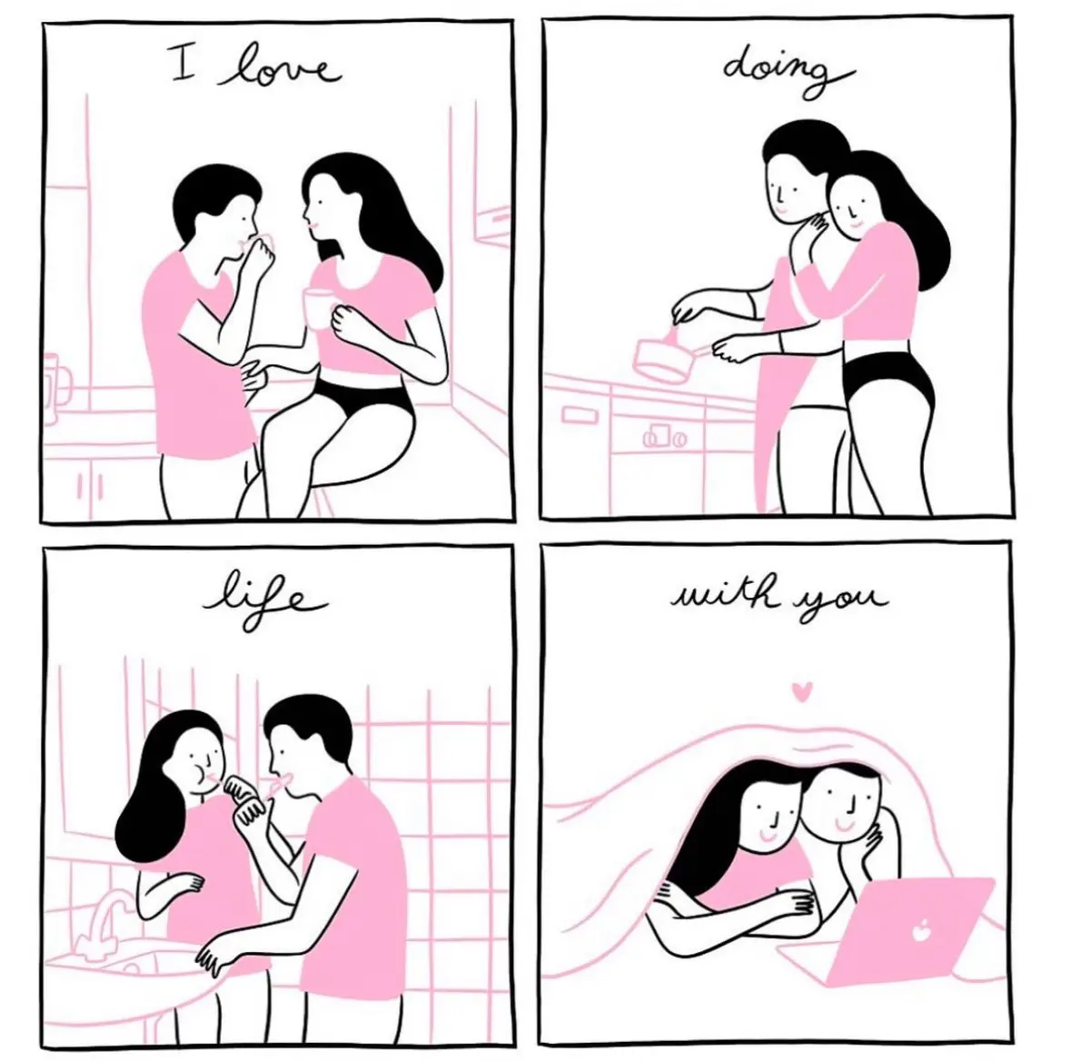 A four-panel comic strip shows a couple in pink-themed domestic scenes: sharing coffee, cooking together, brushing teeth…