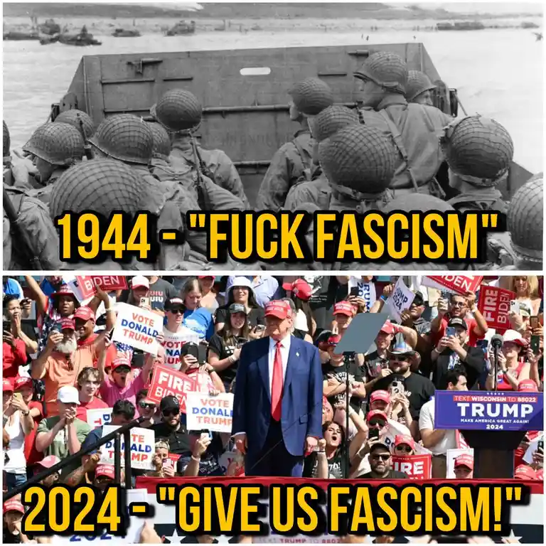 The image is a two-panel meme. The top panel shows black-and-white historical photo of U.S. soldiers in helmets boarding a…
