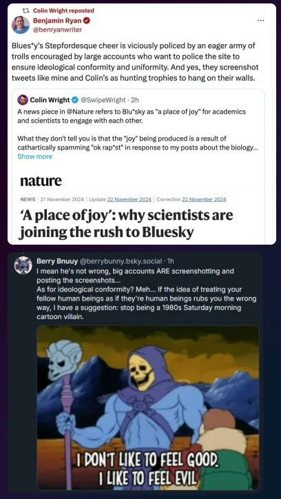 The image shows a cartoon scene with Skeletor from Masters of the Universe, wearing his signature blue robe and holding a…