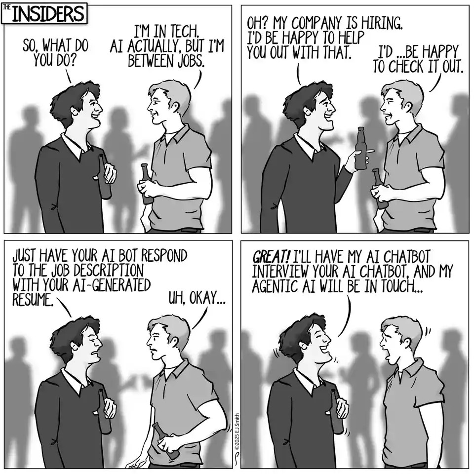 A four-panel black-and-white comic strip titled 'THE INSIDERS' shows two men chatting at a social gathering while holding…