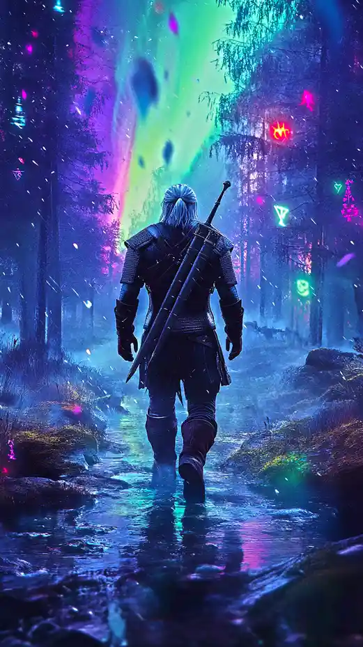 A person with white hair and a sword on their back walks away down a glowing, neon-lit forest path. The scene is filled with…