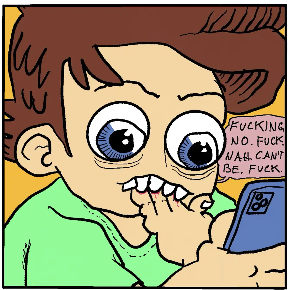 A cartoon drawing of a person with wide, terrified eyes and sharp teeth biting their hand, reacting to something on a…