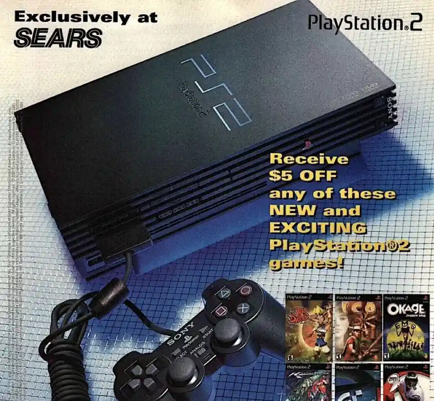 An advertisement for the PlayStation 2 console, showing the black console, a controller, and game covers, with text…