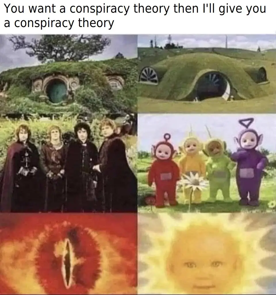 The image is a four-panel meme. Top left shows hobbit holes from 'The Lord of the Rings'. Top right shows similar…