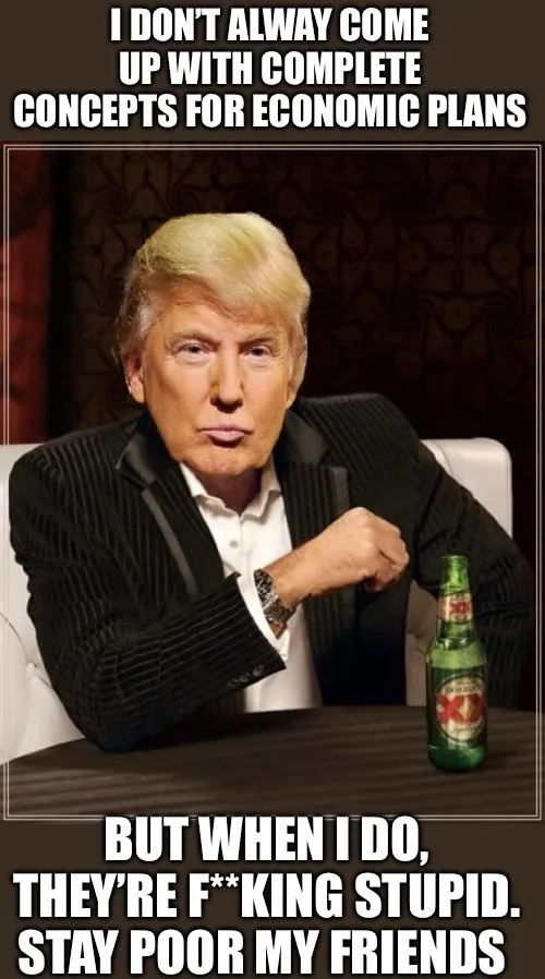 A photo of Donald Trump sitting at a table with a green beer bottle, wearing a black pinstripe suit and white shirt, looking…