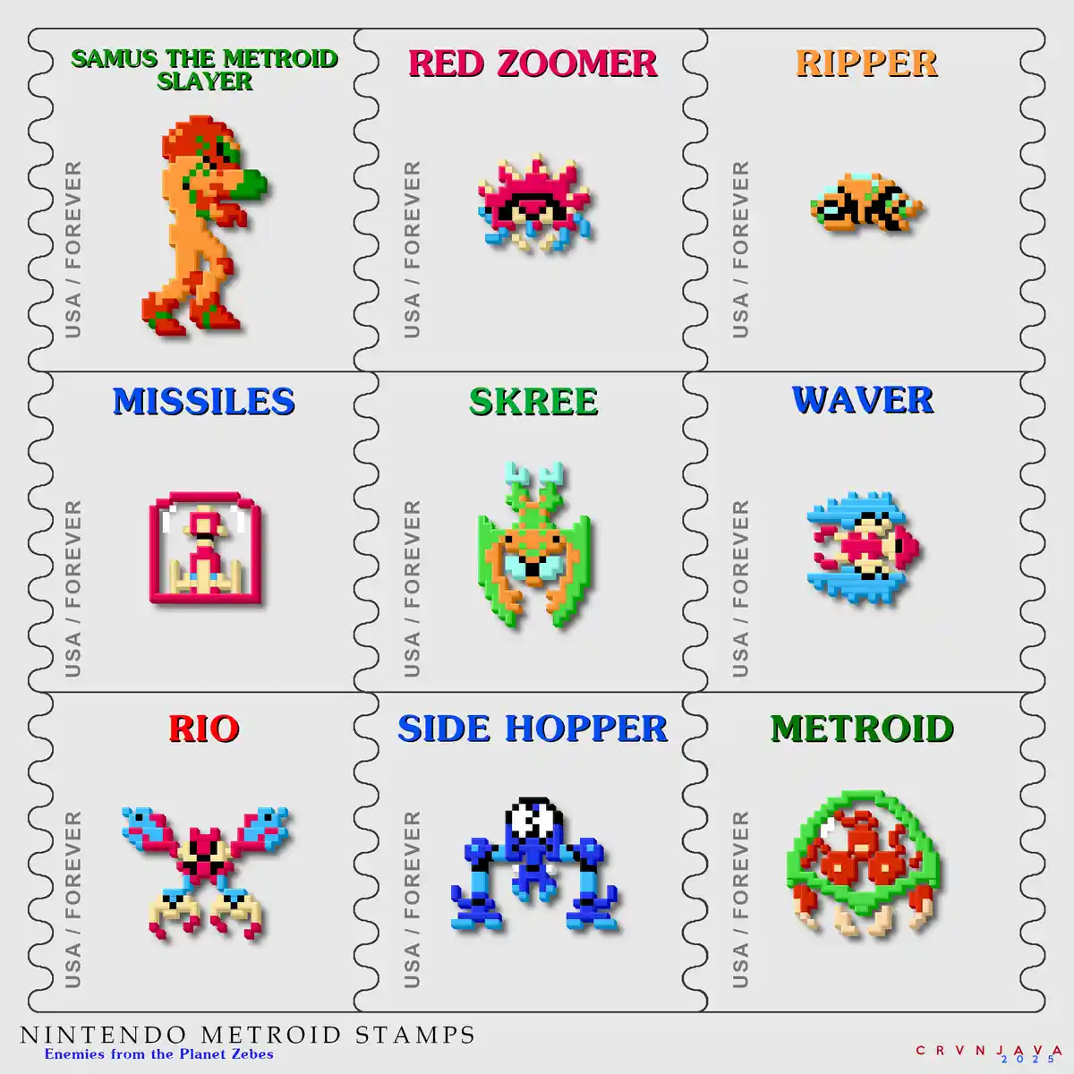 The image displays nine postage stamp-style panels arranged in a 3x3 grid, each featuring a pixelated character from the…