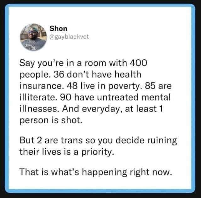 A screenshot of a tweet by user Shon (@gayblackvet) displays a starkly contrasting argument. The text lists severe societal…